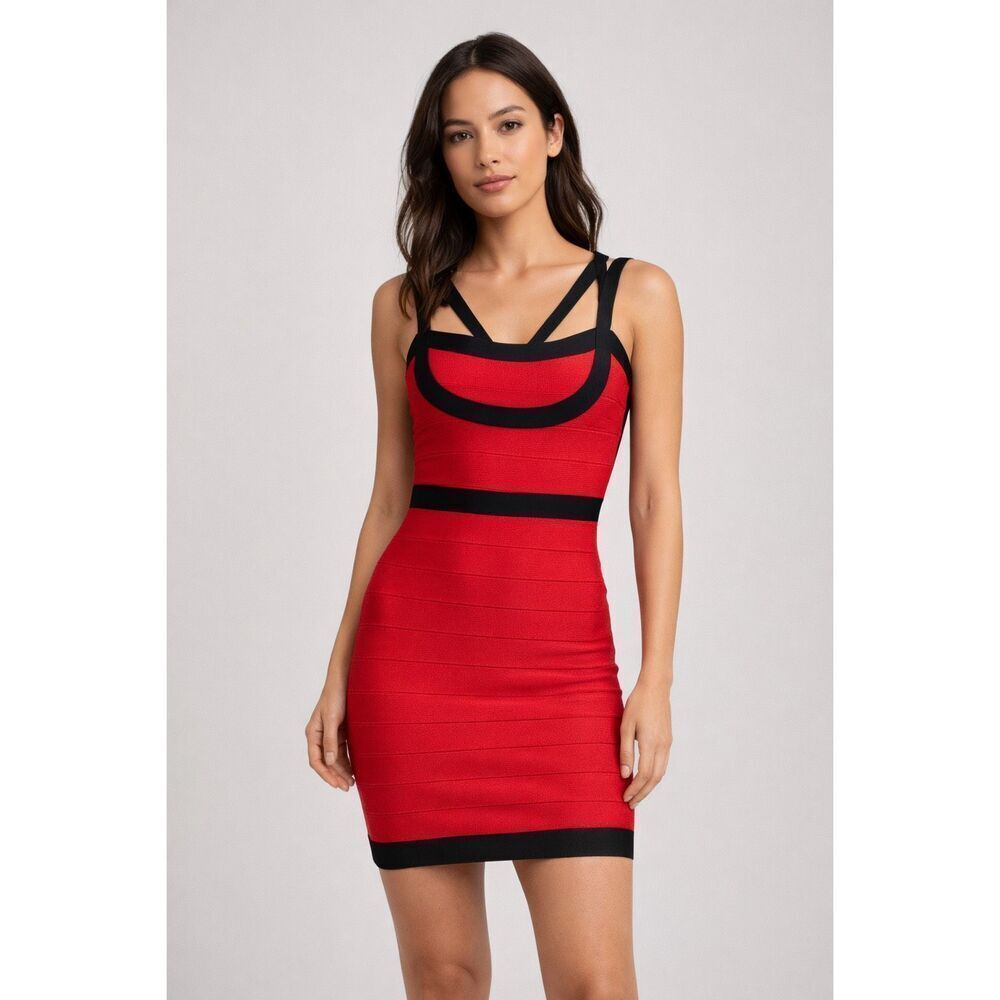 Bebe Red Black Bandage Bodycon Dress Strappy Back Mini XS S Y2K